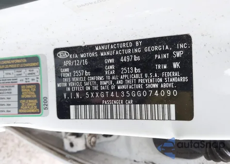 2016 Kia Optima Lx from USA, damaged, VIN 5XXGT4L35GG074090